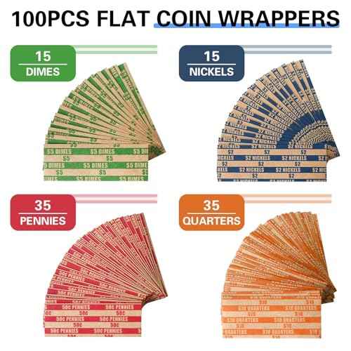 ESSENTIAL 100 pcs Assorted Packed Flat Stripped Coin Wrappers, Coin Rolls Wrapper for Quarters, Dimes, Nickels, Pennies