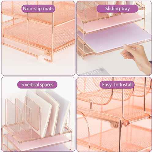Desk Organizers and Accessories, 3-Tier Paper Organizer with 5 Vertical File Holders, File Organizer for Desk (Rose Gold, 3T)