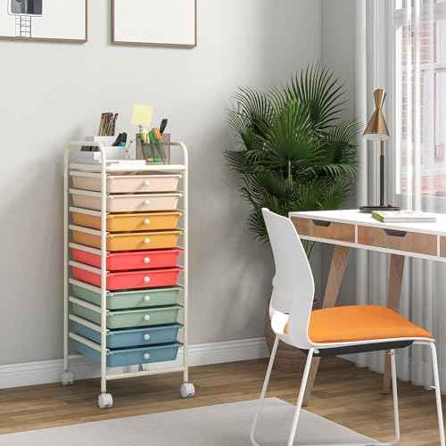 10-Drawer Rolling Storage Cart, Multi-Color, Alloy Steel Frame, Plastic Drawers, Lockable Casters