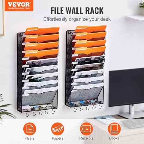 VEVOR Hanging Wall Files Organizer, 2 Pack 10-Tier Vertical Wall File Holder, Metal Wall Mounted Magazine Mail Paper Document Storage Folder for Office Home & School