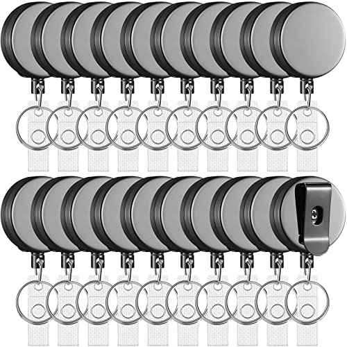 Leelosp 20 Pack Heavy Duty Retractable Badge Holder Reel Metal ID Badge Holder with Belt Clip Keyring Retractable Clip Bulk Card for Work Employee Doctor Nurse Gifts (Glossy Grey)