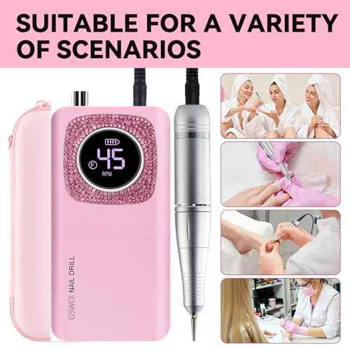 45000RPM Professional Portable Nail Drill Electric File with Pink diamond£¬ Rechargeable Nail E File Machine with Bits & Clean for Acrylic Nails Remove Nail Gel Polish Manicure, Cordless