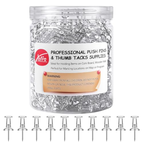 Yalis Clear Push Pins 600 Count – 1 Inch Thumb Tacks with Steel Points, Reusable Jar