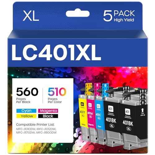 LC401XL Ink Cartridges High Yield Compatible for Brother LC401 LC401XL LC401 XL Ink Cartridge Works with Brother MFC-J1010DW MFC-J1012DW MFC-J1170DW Printer (5 Pack, 2BK/C/Y/M)