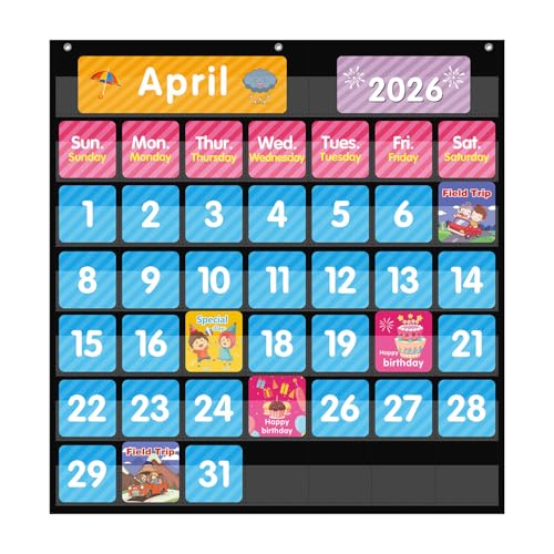 REGELETO 44 Pockets Classroom Calendar Pocket Chart with 85 Colorful Cards, 25” x 24” Black Learning Organizer for Home & School