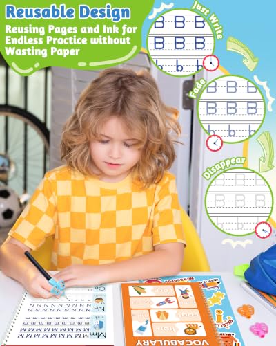 Kids Writing Practice Books with Reusable Sheets, Magic Pen & Grooved Design