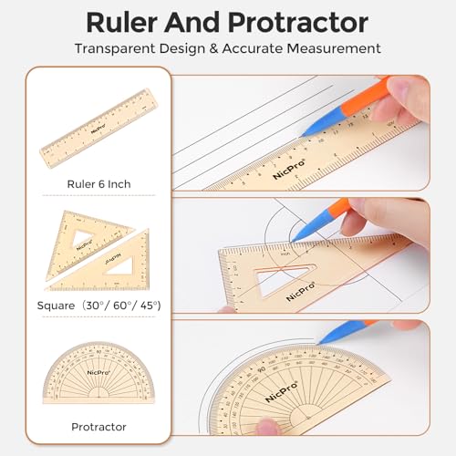 Nicpro 17 PCS Geometry Set with Protractor, Compass & Ruler for Students