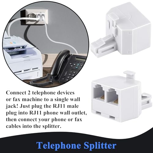 15FT White Landline Phone Cord with RJ11 Splitter & Cable Clips