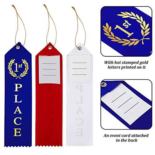 Outus 150 Pieces Award Ribbons 1st, 2nd, 3rd Place Flat Carded Set First Place Prizes with Event Card and Rope for Competition, Sports Event, School, Contests, Blue Red White