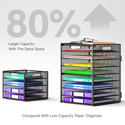 9 Tier Paper Organizer with Handle, Large Capacity Desk Organizer Mesh File Folder Letter Paper Tray Desktop Document Sorter for Classroom, School, and Office Accessories Organization- Black