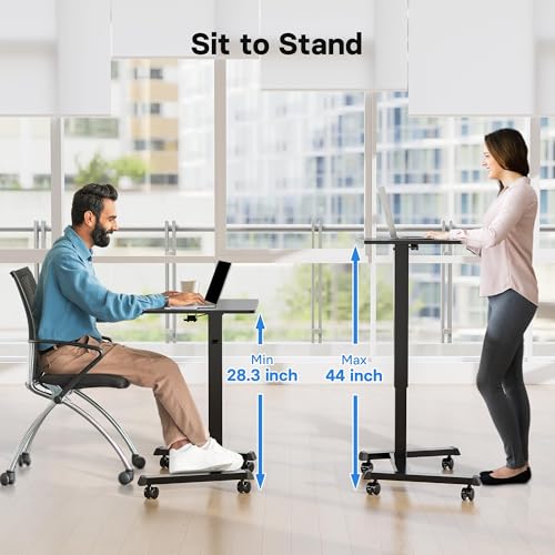 BONTEC Adjustable Height Mobile Standing Desk Cart with Lockable Wheels - Black, 25.6 x 17.7 inches