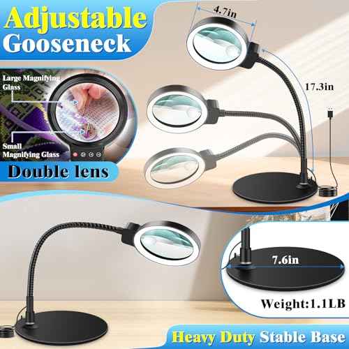 10X 30X Magnifying Glass with Light and Stand, 72 LED 3 Color Modes Stepless Dimmable, Hands Free Lighted Magnifier Desk Lamp for Close Work Craft Hobby Painting Sewing Jewelry Reading (Black)