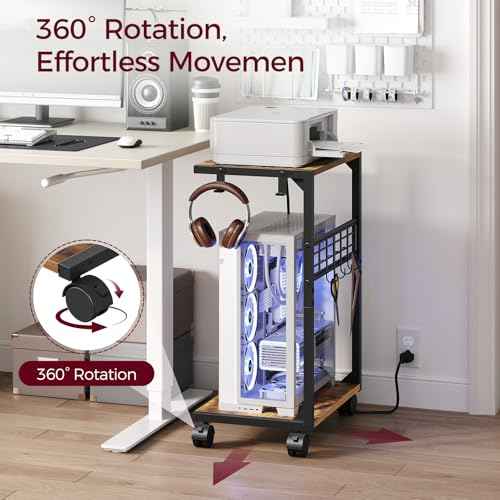 PC Stand, Computer Tower Stand with Charging Station, 16.9"W x 11.4"D x 27.6"H, Computer Cart with Wheels and Hooks, CPU Holder for Carpet, Floor and Under Desk, Easy Assembly, Rustic Brown