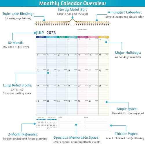Wall Calendar 2026-2027 ? Calendar 2026-2027 Wall, 18 Monthly Calendar, Jan 2026 - Jun 2027, 12 x 17 In, 2026 Calendar with Large Blocks, Thick Paper, Holidays, To-do £¦ Notes, Great for Organizing