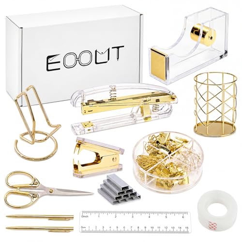 EOOUT Gold Acrylic Office Supplies Set – Stapler, Pen & Phone Holders