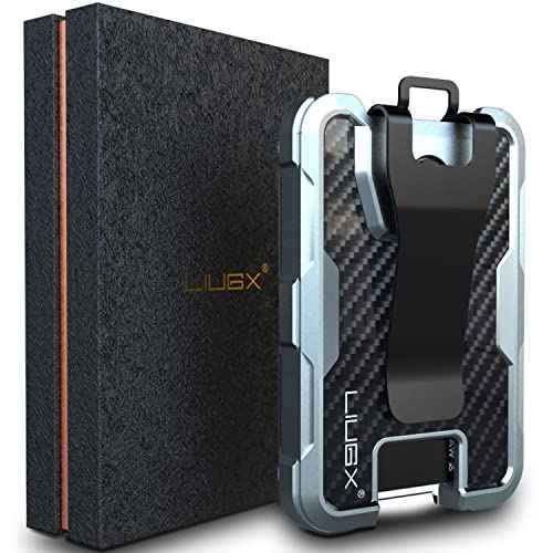 LIUGX Aluminum Badge Holder/Card Holder Wallet with Box, with Carbon Fiber & Metal Clip, Durable ID Card Holder (Holds 4 Cards) for EDC Birthday Christmas - for Men, Dad, Boyfriend, Him