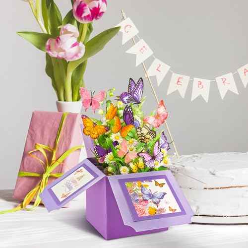 Birthday Cards for Women, Butterfly Pop Up Card Box, Happy Birthday Gifts Cards for Women, Daughter, Mom, Sister, Friend, Butterflies & Flowers Greeting Card with Blank Notecard & Envelope