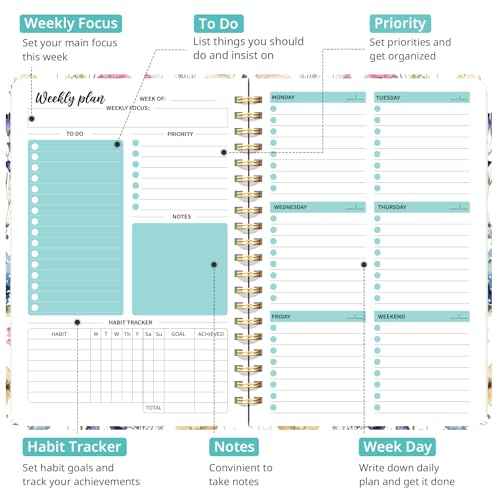 Undated Weekly Planner, Weekly To Do List Notebook with Goal & Habit Tracker Organizer, A5 Weekly Planner Notebook with Spiral Binding, 6.1" x 8.2" - Floral