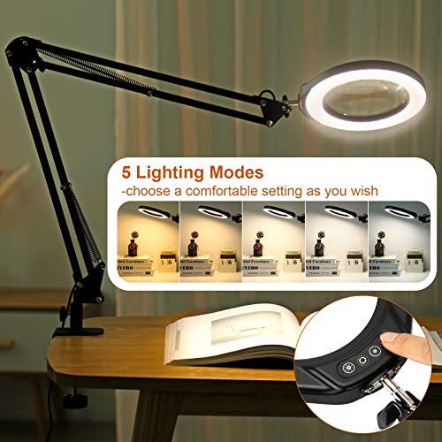 VEEMAGNI 5 Inch Large Magnifying Glass with Light and Stand, 5 Color Modes Stepless Dimmable, 2*16 Inch Swivel Arm LED Clamp Desk Lamp, Hands Free 10X Lighted Magnifier for Close Work Crafts Soldering