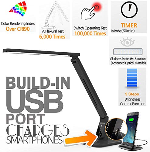 Dimmable LED Desk Lamp with USB Charging, 4 Modes, Touch Control, Bedside Light