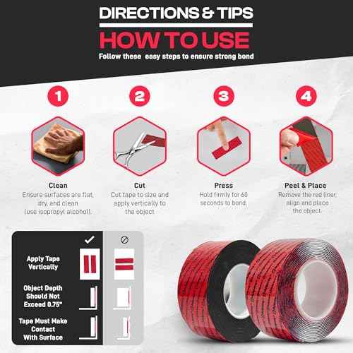 GripBond Black Super Bond Heavy Duty Double Sided Tape, 4 Rolls (18.3 Ft), 1.2¡± x 220¡± ? Waterproof Adhesive Mounting Tape for Indoor/Outdoor, Walls, Automotive, Car, LED Strip Lights, Home, Office