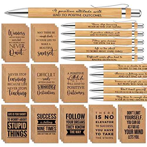 PerKoop 60 Pcs Inspirational Notebooks Motivational Pens Thank You Bamboo Pen Kraft Notebooks Employee Appreciation Gifts Bulk Pocket Journals Party Favors for Adults Nurses Coworkers Team (Quotes)