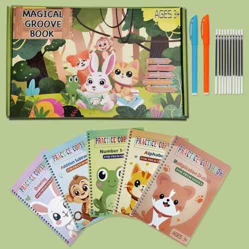 Magic Grooved Practice Copybook 5 Pack with Pens, Groove Reusable Magical Handwriting Workbooks, Tracing Letters Numbers, Math, Kindergarten Sight Words for Kids Ages 3-8 for Preschool(5books+Pens£©