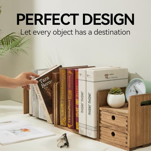 KIRIGEN Wood Adjustable Desk Orangizer Storage Expanable Desktop Bookshelf Fully Assembled Bookcase Adjustable Book Rack with Drawer for Office SSSJ-L-DBR