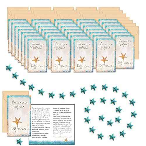 Smiling Wisdom - 30 Bulk Gifts - Starfish Story You Make a Profound Difference - Staff Employee Team Appreciation Mini 3.5X2 in Card & Turquoise Starfish - 90pcs - Kraft Envelopes