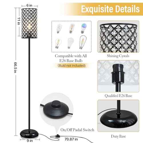 Crystal Floor Lamp, Modern Standing Lamp with Elegant Shade Black Floor Lamp with On/Off Foot Switch,Tall Pole Accent Lighting for Living Room, Girl Bedroom, Dresser, Office