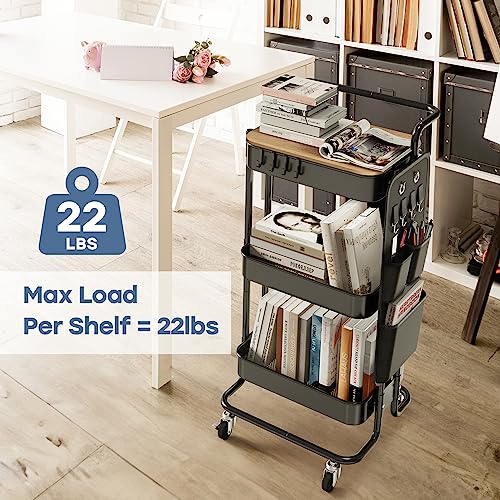DTK Black 3-Tier Metal Utility Rolling Cart with Tabletop & Side Bags
