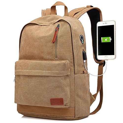 Canvas Laptop Backpack, Waterproof School Backpack With USB Charging College