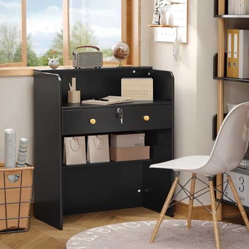 OmySalon Black 32" Reception Desk with Lockable Drawer, Modern Wooden Front Counter for Salon & Office