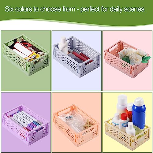 HUUSMOT 6-Pack Small Collapsible Plastic Storage Baskets - Yellow, Orange, Purple, Pink, Blue, Green, 5.9x3.8x2.2 inches