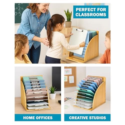 HULISEN 2 Pack Clipboard Holder for Classroom & Office, Wooden Clipboard Storage Organizer with Raised Side Panel & Metal Slots, Wood Clip Board Stand Rack ? Clip Board Not Included