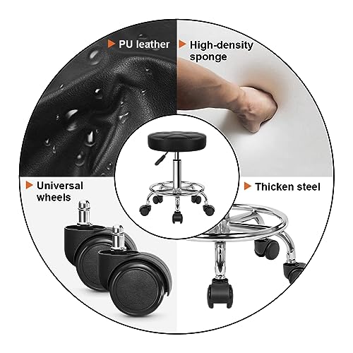 KKTONER Round Rolling Stool Chair PU Leather Height Adjustable Swivel Drafting Work SPA Shop Medical Salon Stools with Wheels Office Chair Small (Black)