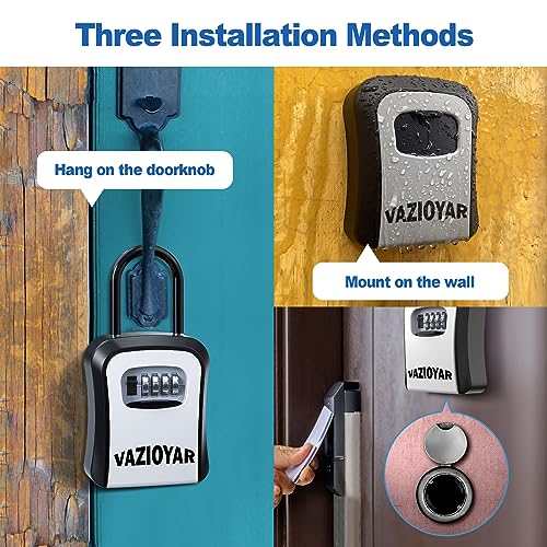 Key Lock Box for Outside, Portable Waterproof Wall Mounted Resettable 4-Digit Combination Key Storage Lockbox, 5 Keys Capacity Key (with Shackles+with Retractable Key Tether+ 5Pack)