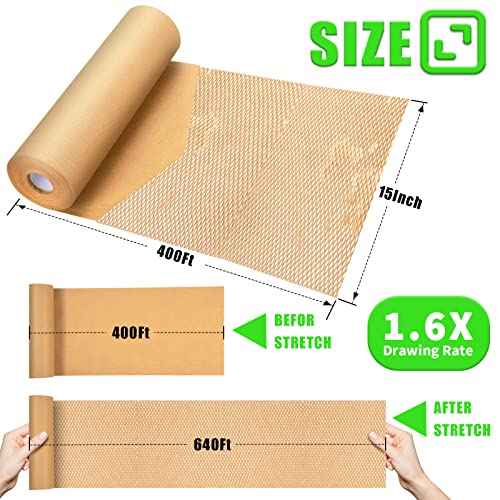 Honeycomb Packing Paper, MINHAO 15"x400' Eco Friendly Packing Paper for Moving Recyclable Honeycomb Paper Moving Supplies Bubble Paper Wrapping Protective Roll, With 36 Fragile Sticker Labels