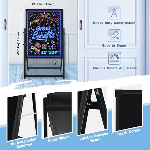 Hosim 32"x 24" LED Message Writing Board with 8 Markers & 16 Lighting Colors - Illuminated Neon Sign for Restaurants & Events