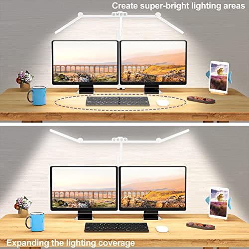 Micomlan Led Desk Lamp for Home Office, White Architect Desk Lamp with Clamp for Crafting, 24W Bright Rotatable Led Table Light Stepless Dimming Tempering Wide Computer Light with Atmosphere Lighting