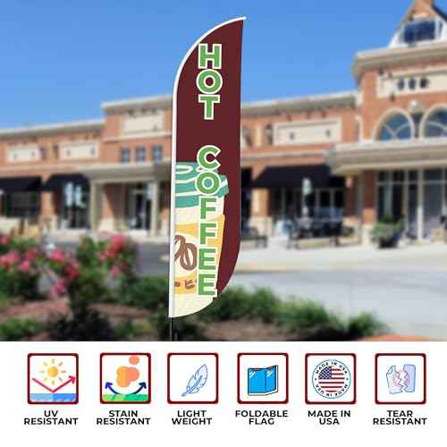 Hot Coffee Sign feather flag for Outdoor by Mavis Print | 11.5 FEET Long Polyester Outdoor Banner Flag for Easy Hang | HD Print Swooper I Flag Only for Food Advertising | Made in USA I Flag Only