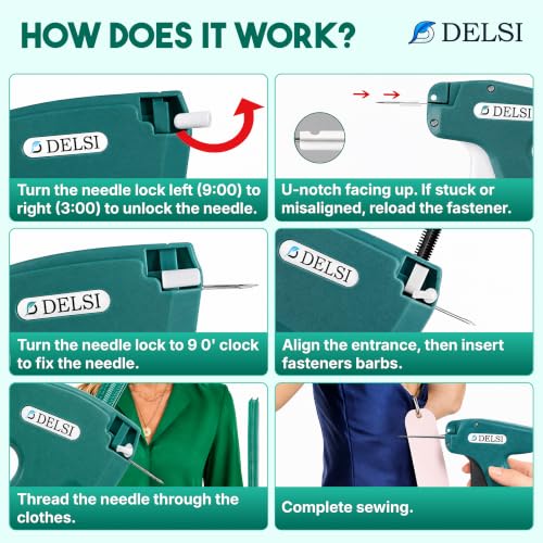 Delsi Stitch Gun for Clothes – Green Tag Gun Kit with 4000 Fasteners, 6 Needles