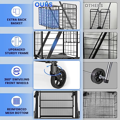 Super Jumbo 450lbs Capacity Folding Shopping Cart on Wheels - RXUJYC (Includes Large Front & Back Baskets) - Easy Assemble