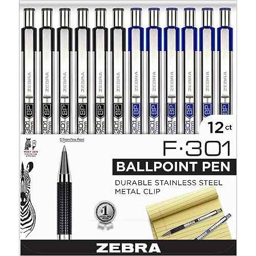 Zebra F-301 0.7mm Fine Point Pen - Pack of 12; 6 Black & 6 Blue Retractable Ballpoint Pen with Stainless Steel Barrel