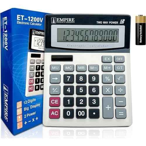 Empire Desk Calculator with Large Key Buttons, 12-Digit Large Eye-Angled Display, Solar & Battery Powered - Basic Calculator for Students, Home and Office Use (Battery Included)