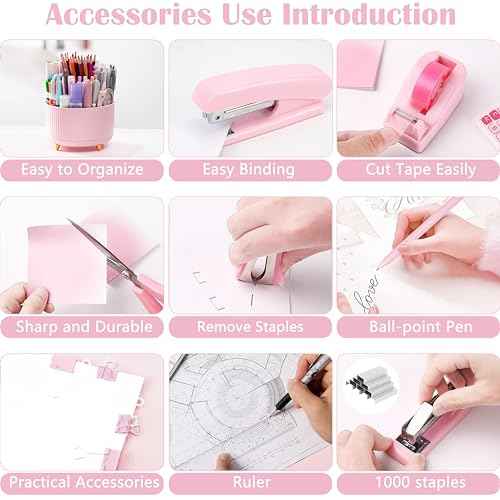 Pink Desk Accessories, Pink Office Supplies 360¡ÆPen Holder Desk Organizers And Accessories with Tape Dispenser, Stapler, Staple Remover, 1000 Staples, Tape, Clips Set, Ruler, Scissor, Pen