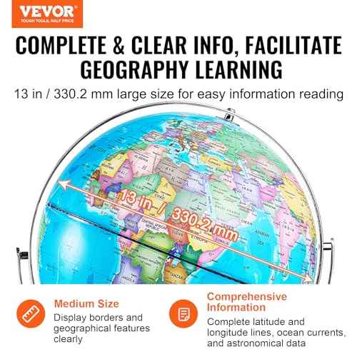 VEVOR Rotating World Globe with Stand, 13 in/330.2 mm, Educational Geographic Globe with Precise Time Zone ABS Material, 720¡Æ Spinning Globe for Kids Children Learning Classroom Geography Education