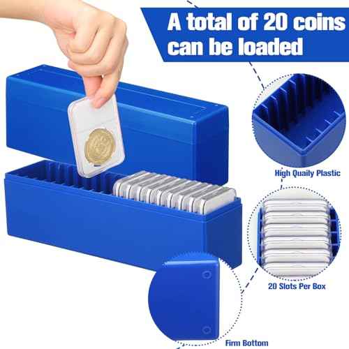 Wenqik 6 Pcs Plastic Coin Storage Box Case with 20 Slab Coin Holders - Collection Box for Collectors, Home, Office, Bank Supplies(Blue)