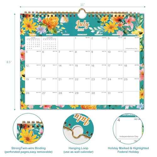 Calendar 2026-18 Monthly Wall Calendar, January 2026 - June 2027, 8.5" x 11", Calendar 2026-2027 with Twin-Wire Binding, Hanging Hook, Blocks and Julian Dates (Flowers Wall Calendar)