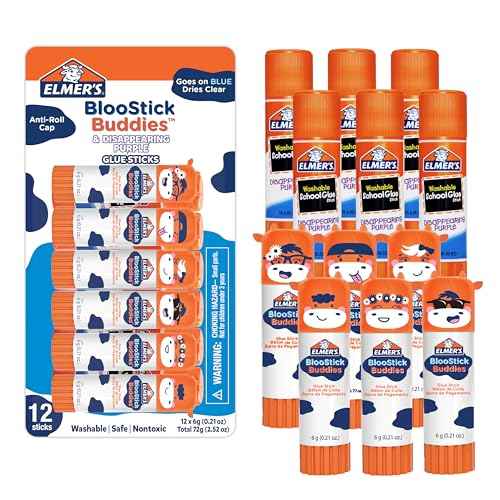 Elmer's Glue Sticks Combo Pack, BlooStick Buddies and Disappearing Purple, 6g, 12 Count, #1 Teacher Brand - Kids School Supplies, Stocking Stuffers, Holiday Gift, Arts & Crafts